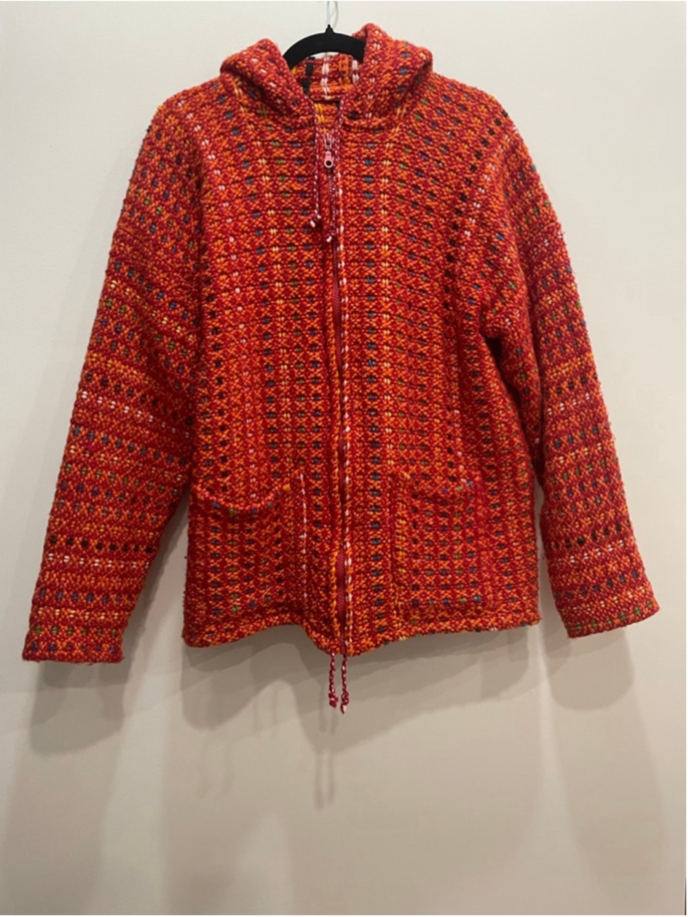 Vintage Rainbow Knit Hooded Full Zip Jacket Mens L Boho Festival Grunge Hippy